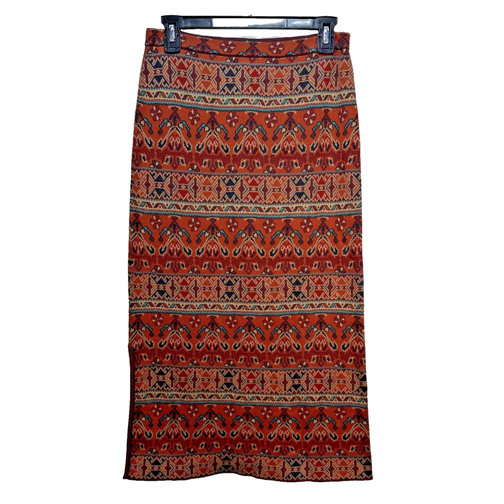 Peruvian Connection Pima Cotton Jacquard Knit Maxi Skirt Size S Maroon Brown Red